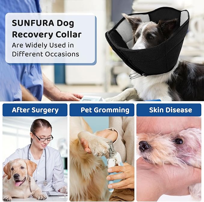 SUNFURA Dog Cones for Large Dogs, Soft Pet Cone Stop Licking After Surgery, Adjustable Pet E-Collar Alternative for Wound Healing, Black X-Large