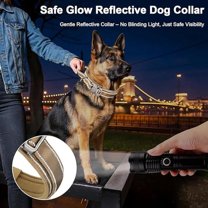 KCUCOP Heavy Duty Tactical Dog Collar and Leash Set, Military Training Nylon Reflective Collar with Handle Metal Buckle for Medium Large Dogs,Brown, XL (1 Patch Included)