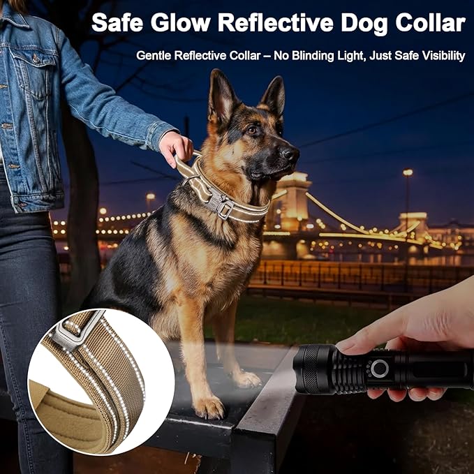 KCUCOP Tactical Dog Collar for Medium & Large Dogs - Military Nylon Heavy Duty Collar with Handle, Reflective Strip & Metal Buckle for Training, Outdoor (Brown Reflective, Large)