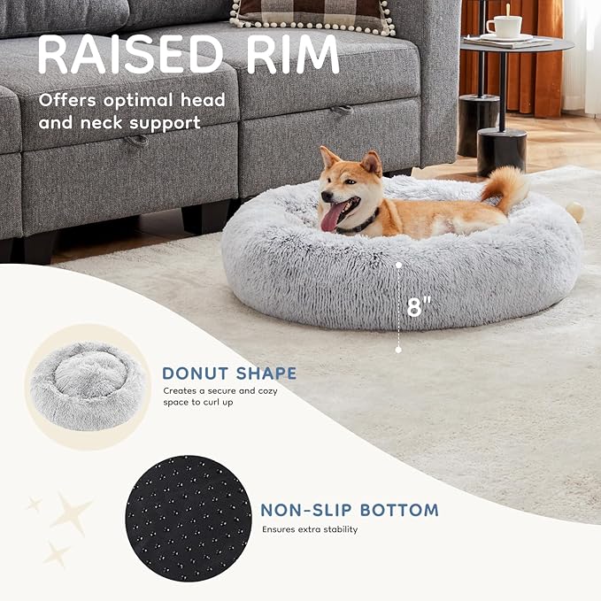 DUMOS 30.7x30.7 Inch Calming Donut Dog Beds for Large Dogs, Machine Washable Cuddler Warming Cozy Fluffy Faux Fur Plush Round Pet Bed Medium Sized Bed for Indoor Dogs and Cats, Grey
