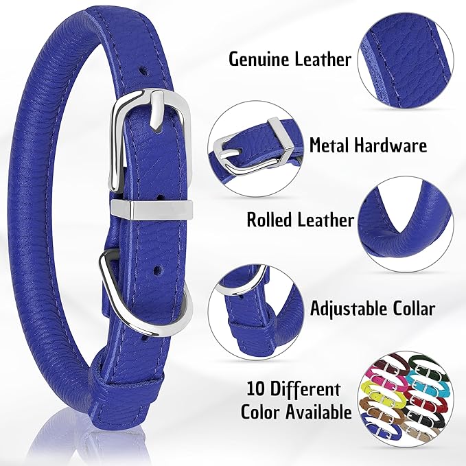 OOPSDOGGY Rolled Leather Dog Collar Soft Roll Collars for Small Medium Large Dogs Puppy (Navy Blue, XXS, 7"-9")