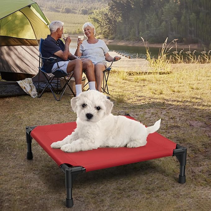 Love&go Elevated Dog Bed with Metal Frame, Cooling Raised Pet Cot for Dog and Cat (S - Red, Small-18.5x18.5x5.5 inch)