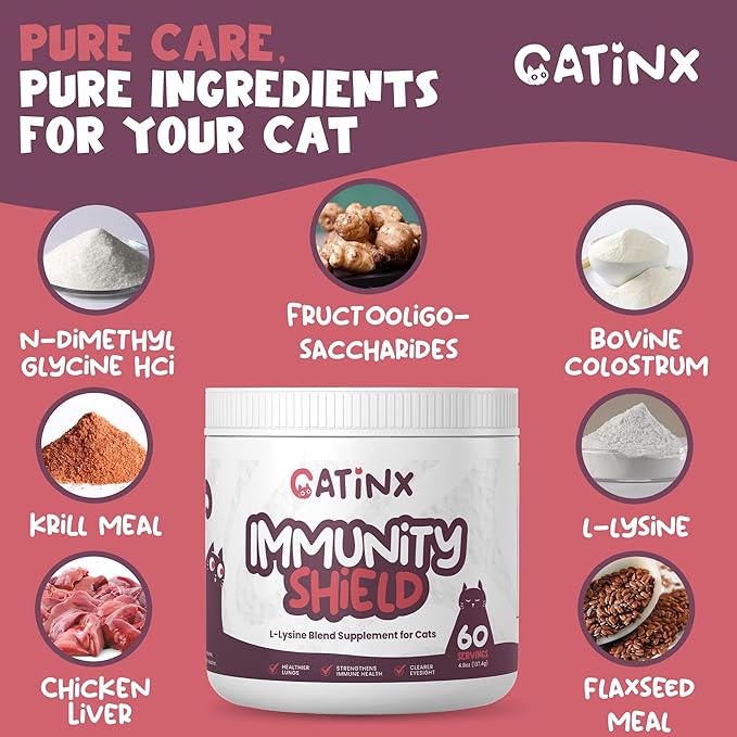 Catinx Immunity Shield L-Lysine Powder – Daily Wellness Support for Cats with L-Lysine, Bovine Colostrum, Omega-3s, and Probiotics | Supports Immune Function, Eye Health, Digestion & Coat Quality