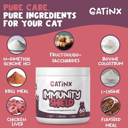 Catinx Immunity Shield L-Lysine Powder – Daily Wellness Support for Cats with L-Lysine, Bovine Colostrum, Omega-3s, and Probiotics | Supports Immune Function, Eye Health, Digestion & Coat Quality