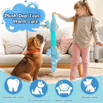 Interactive Tug of War Dog Toys for Small to Large Breeds-Squeaky Plush Puppy Toys with Crinkle Paper, Stuffed Chew Dog Toys to Keep Them Busy, Training Reward Gift (Blue)