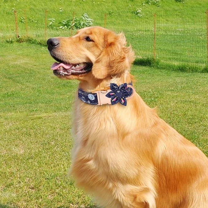 Dog Collar and Leash Set Adjustable Girls Puppy Floral Collars with Bow Tie for Small Medium Large Dogs(XS, Blue Planet)