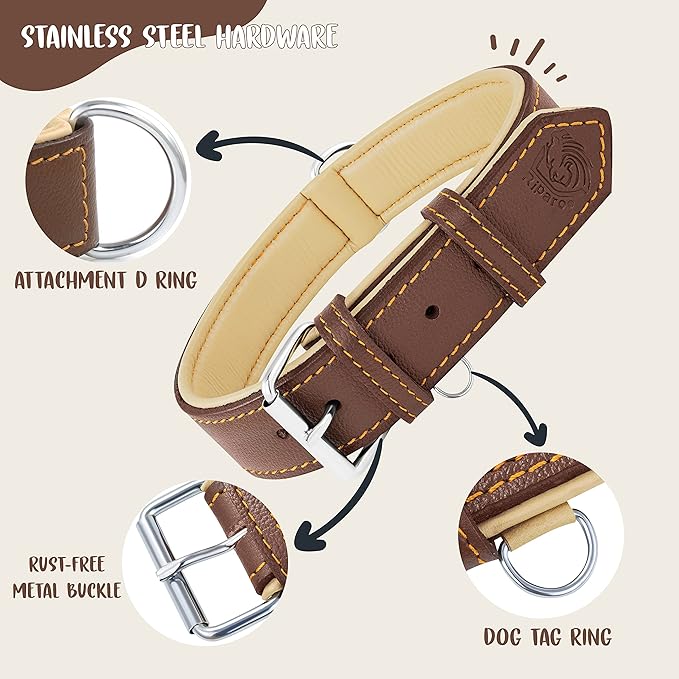 Riparo Adjustable Leather Dog Collar - Heavy Duty Wide Dog Collar for Small, Medium, Large and Extra Large Dogs with Dog Tag Holder (XXL: 2” Wide for 24”-29” Neck, Brown)