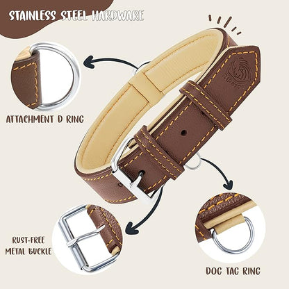 Riparo Adjustable Leather Dog Collar - Heavy Duty Wide Dog Collar for Small, Medium, Large and Extra Large Dogs with Dog Tag Holder (XXL: 2” Wide for 24”-29” Neck, Brown)