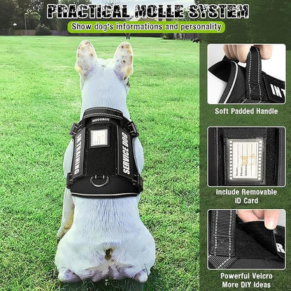 MOOGROU Tactical Dog Harness and Leash Set Small Sized Dog,Heavy Duty No Pull Service Dog Vest and 10 Patches with Dog Seat Belt,Reflective Adjustable Pet Harness for Training Walking Hiking Black S