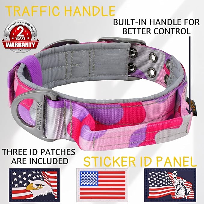 ADITYNA Heavy Duty Dog Collar for Medium Dogs - Camo Pink Purple Collar with Handle for Training, and Walking - Wide, Thick, Tactical, Soft Neoprene Padded