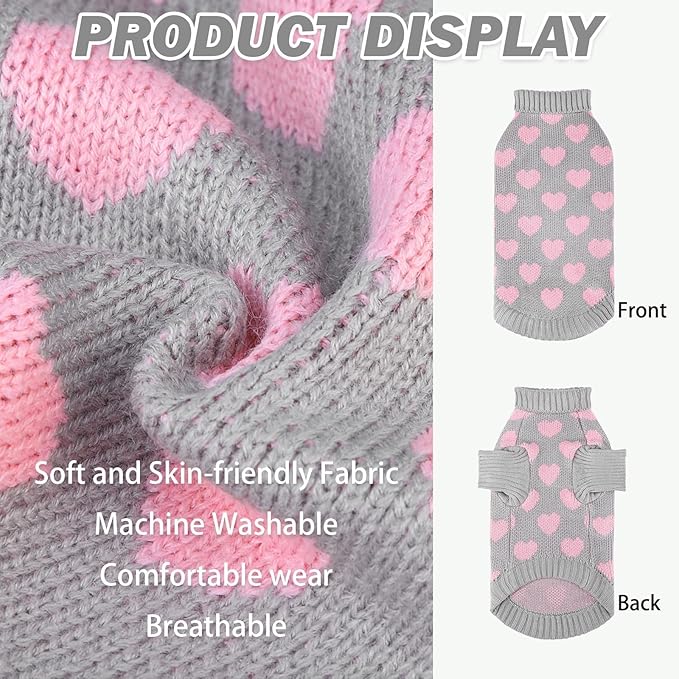 KOOLTAIL Cat Sweater Turtleneck- Soft Knit Cat Sweaters for Cats Only, Heart Love Pattern Thick Warm Cold Weather Clothes, Valentine's Day Pet Outfit for Small Medium Large Size Kitten Puppy Grey S