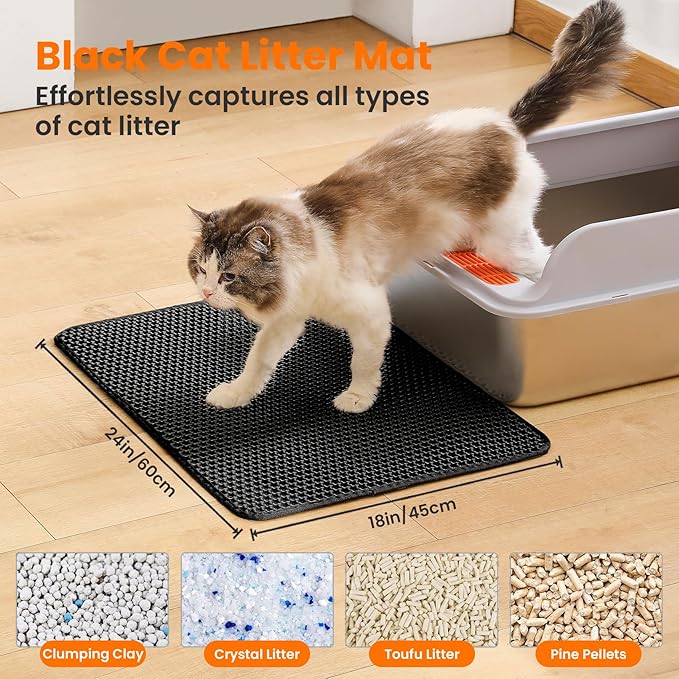 Petinstinct Cat Litter Mat, 24x18 Inches Large Double Layer Honeycomb Cat Litter Trapping Mat, Non Slip Waterproof Urine Proof Cat Litter Box Mat for Floor, Kitty Litter Rug, Cat Supplies, Black