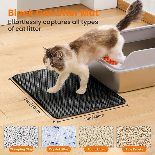 Petinstinct Cat Litter Mat, 24x18 Inches Large Double Layer Honeycomb Cat Litter Trapping Mat, Non Slip Waterproof Urine Proof Cat Litter Box Mat for Floor, Kitty Litter Rug, Cat Supplies, Black