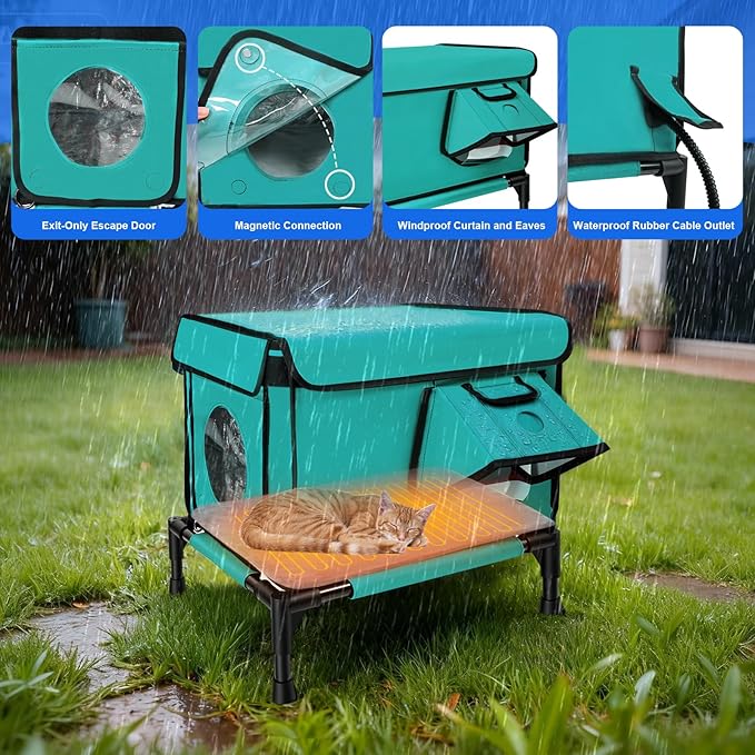 Heated Outdoor Cat House Weatherproof, Small/Large Insulated Cat House for Indoor, Winter Stray/Feral Cat Shelter (Green Cat Bed, Large-25.6"×16.5"×12")