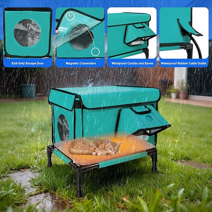 Heated Outdoor Cat House Weatherproof, Small/Large Insulated Cat House for Indoor, Winter Stray/Feral Cat Shelter (Green Cat Bed, Large-25.6"×16.5"×12")