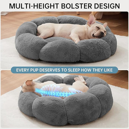 OhGeni 31 inches Calming Donut Orthopedic Dog & Cat Bed for Medium Pets, Warming Comfort Fluffy Short Pile Fur, Durable Waterproof Machine Washable Removable Cover, Cute Round Bed for Puppy, Dark Gray