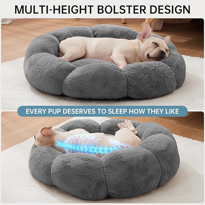 OhGeni 27 inches Calming Donut Dog & Cat Bed for Medium Pets, Warming Comfort Fluffy Short Pile Fur, Durable Machine Washable, Cute Round Bed for Puppy and Kitten, Dark Gray