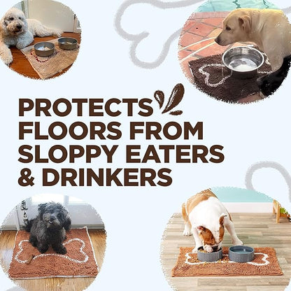 Soggy Doggy Slopmat - Dark Chocolate/Oatmeal Bone - 18” x 24″ - Water Absorbing Door Mat for Muddy Paws and Food/Water Bowls - Microfiber Chenille Small Doormat - Machine Washable