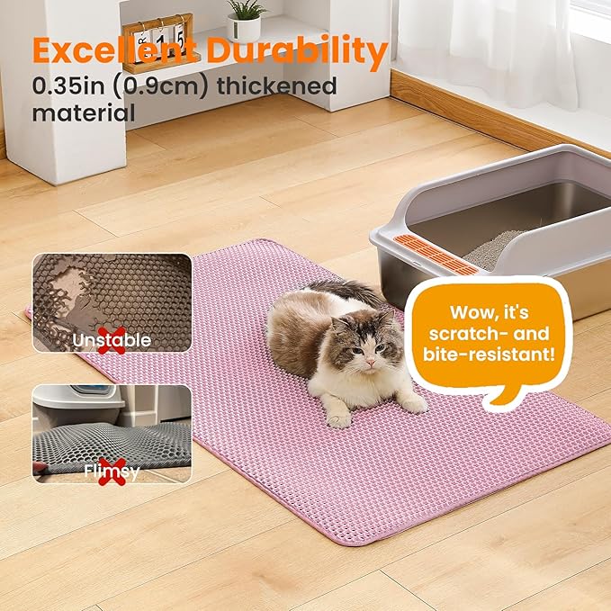 Petinstinct Jumbo Cat Litter Mat, 46x26 Inches Double Layer Honeycomb Litter Trapping Mat, Non Slip Waterproof Urine Proof Extra Large Cat Litter Box Mat, Kitten Supplies and Essentials, XXL, Pink