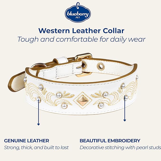 Blueberry Pet Western Genuine Leather Dog Collar for Small Breeds, Pearl White - Floral Embroidery, Pearl Studs, Adjustable 12-15 Inch Neck, Dog Collars for Small Dogs