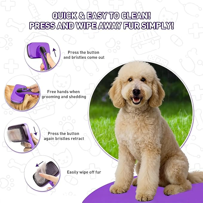 WOPQAEM Self Cleaning Slicker Brush for Dog, Cat, Skin Friendly Shedding & Grooming Tool for Long and Short Haired Pets, Easy Clean Retractable Bristles, Purple