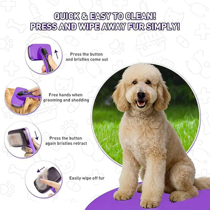 WOPQAEM Self Cleaning Slicker Brush for Dog, Cat, Skin Friendly Shedding & Grooming Tool for Long and Short Haired Pets, Easy Clean Retractable Bristles, Purple
