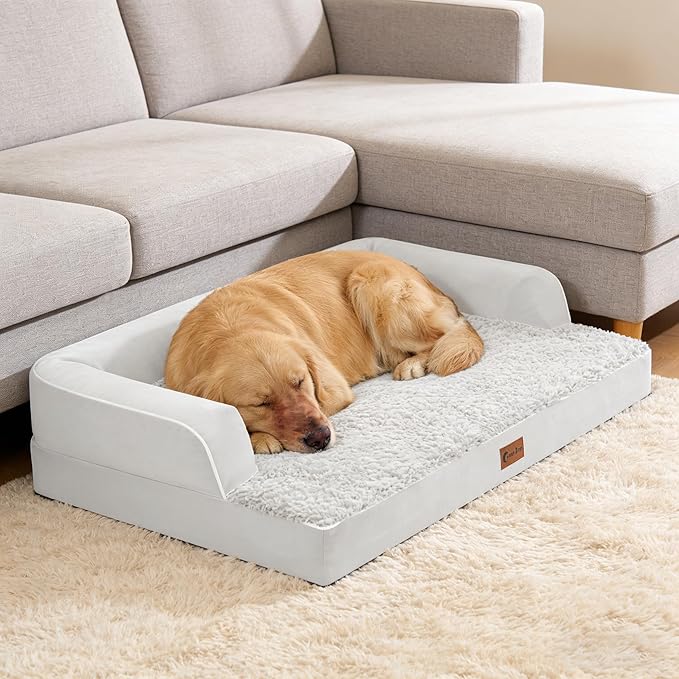 Casa Paw Orthopedic Dog Beds for Extra Large Dogs, Waterproof Egg Crate Foam XL Dog Bed with Sides 41x27Inch, Washable Big Dogs Couch Beds with Removable Cover and Nonskid Bottom, Grey White