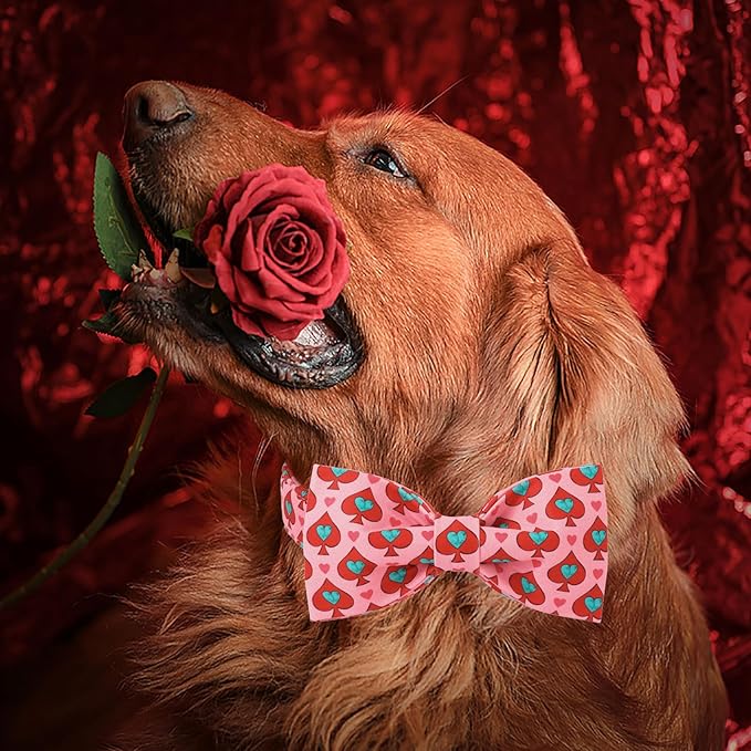 Valentines Dog Collar with Bow Tie - Spade Heart Pattern Pink Bowtie Dog Collar Adjustable Heavy Duty Valentines Dog Collars for Small Medium Large Dogs L