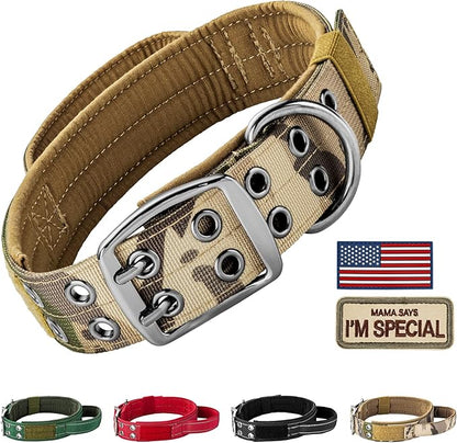 Annchwool Tactical Dog Collar for Medium and Large Dog,Adjustable Military Dog Collar with Soft Padded Handle,Heavy Duty Double Buckle Design(Green Camo,M)