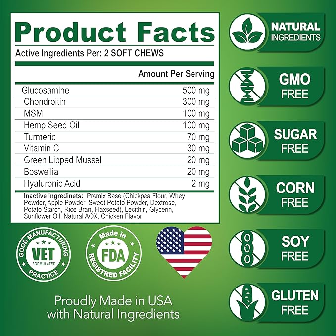 Vet Promise Hemp Hip and Joint Support Supplement for Dogs - Glucosamine for Dogs - Hemp Oil, MSM, Chondroitin - Support for Joint Pain Relief and Health - 120 Soft Chews - Made in USA