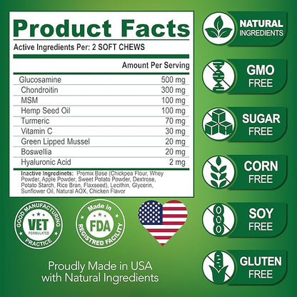 Vet Promise Hemp Hip and Joint Support Supplement for Dogs - Glucosamine for Dogs - Hemp Oil, MSM, Chondroitin - Support for Joint Pain Relief and Health - 120 Soft Chews - Made in USA