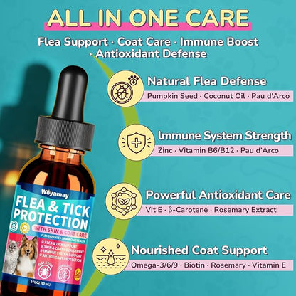 Woyamay Flea Defense + Skin & Coat Support, Natural Flea and Tick Prevention for Dogs & Cats, Dog & Cat Flea Treatment with Pumpkin Seed & Omega-3/6/9, Flea Drops for All Breeds & Ages, Chicken Flavor