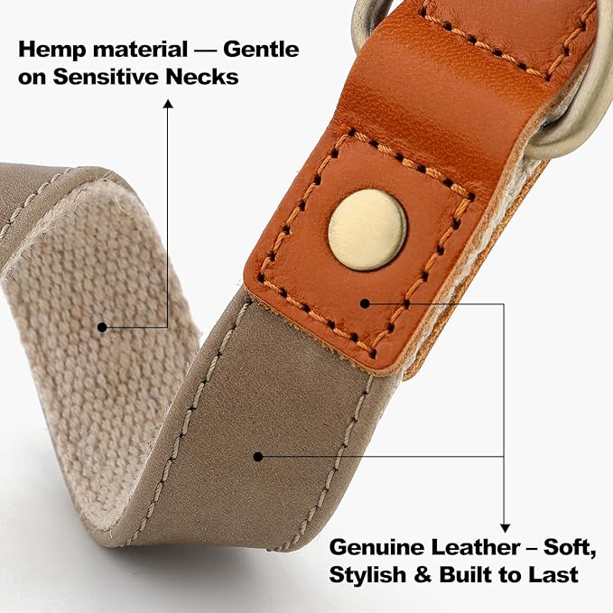 Plutus Pet Genuine Leather & Hemp Dog Collar – Adjustable Heavy Duty Pet Collar with Quick Release Metal Buckle, Soft & Stylish for Puppy and Small, Medium, Large Dogs (Ash Brown, L)
