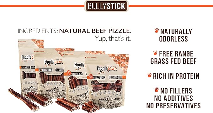 FOODIEPAWS 6 Inch Bully Sticks for Dogs, 15 Pack | All Natural, Grass-Fed Beef | High Protein, Rawhide-Free, Fully Digestible Dog Chews | Long Lasting Dental Treats for All Breeds