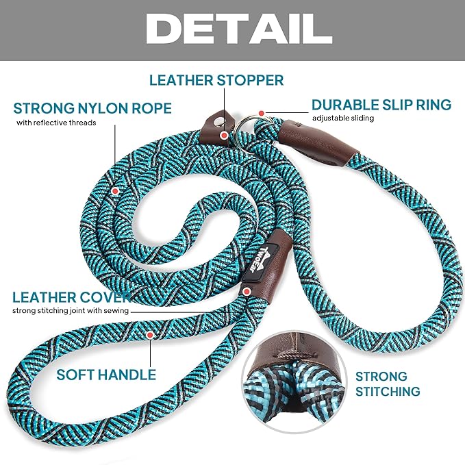 TwoEar 6FT Slip Lead Dog Leash, Heavy Duty Slip Leash for Dogs with Highly Reflective, Strong Rope Slip Leads No Pull Pet Training Leashes for Large Medium Dogs (1/2", Blue)