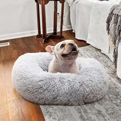 Calming Donut Dogs Beds for Small Dogs Washable,23inch Plush Round Pet Bed for Cozy Sleep,Fluffy Faux Fur Large Cat Bed,Fits up to 25 lbs Pets,Frost Grey