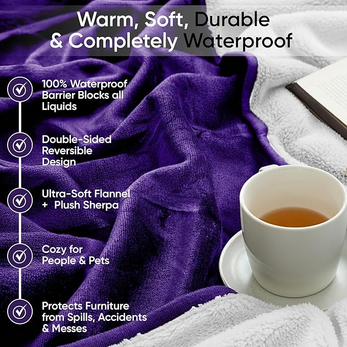 Waterproof Pet Blanket, Liquid Pee Proof, Sherpa Fleece Protector – Pet Hair Resistant Water Proof Bed Cover for Dogs Couch Sofa Car Bedding Comforter (Purple, 40"x60")