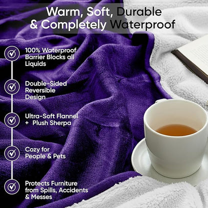 Waterproof Pet Blanket, Liquid Pee Proof, Sherpa Fleece Protector – Pet Hair Resistant Water Proof Bed Cover for Dogs Couch Sofa Car Bedding Comforter (Purple, 40"x60")