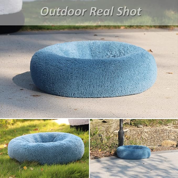 Calming Donut Dogs Beds for Small Dogs Washable,28inch Plush Round Pet Bed for Cozy Sleep,Fluffy Faux Fur Large Cat Bed,Fits up to 30 lbs Pets,Washed Blue