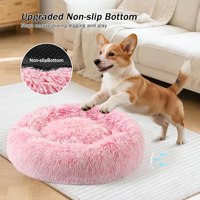 NOYAL Calming Donut Dog Bed for Small to Medium Dogs & Cats - Plush Faux Fur Anti-Anxiety Pet Bed with Machine Washable Cover & Non-Slip Base