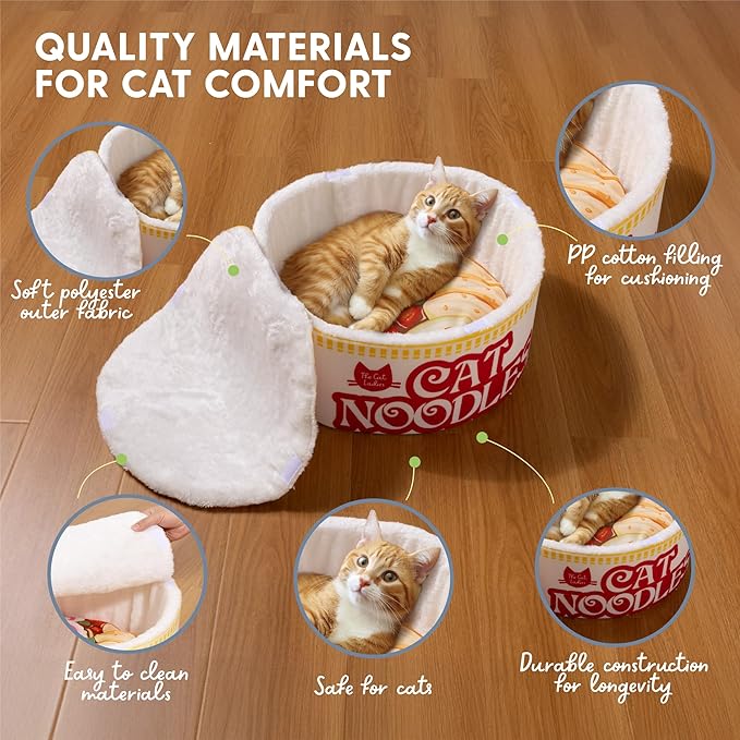 Cat Ladies Ramen Cat Bed - Cozy 5-Piece Soft Nest Set with Blanket Pillows and Teaser Toy - Compact Noodle Bowl-Themed Pet Beds & Furniture - Small Warm Indoor Cushion for Cats