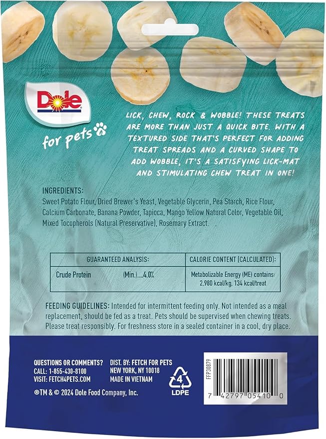 Dole for Pets Freshly Fetched Lasting Chew, Banana Flavor Dog Treats - Flavored with Real Fruit, No Wheat, Corn, Soy, Artificial Flavors, Colors, Preservatives, or Animal Products, 8 Ounce - 6 Pack