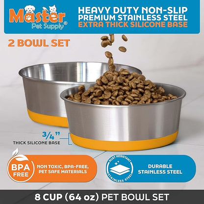 Master Pet Supply Stainless Steel Dog Bowls Set of 2 with Extra Thick Silicone Base - 8 Cup (64 oz) Mango Tango, Non-Slip, Dishwasher Safe Metal Bowls, Pet Dog Food Bowl for Dogs, Cats, Anti Rust