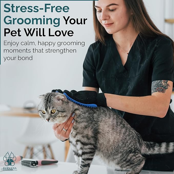 Pet Grooming Gloves for Dogs & Cats – Premium 259-Tip Deshedding & Massage Mitts, Easy-Peel Hair Removal, Adjustable Strap, 1 Pair (Blue/Pink) (Blue)