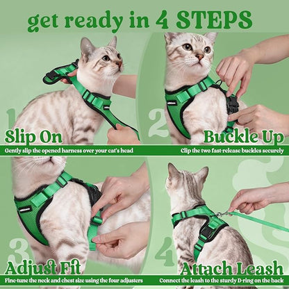 rabbitgoo Cat Harness and Leash for Walking, Escape Proof Soft Adjustable Vest Harnesses for Cats, Easy Control Breathable Reflective Strips Jacket, Grass Green,M