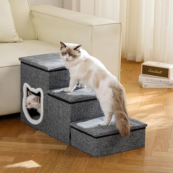 Crispedia Dog Stairs for Small Dogs, 3-Step Dog Ramp for Couch and Bed, Cat Stairs with Storage and Condo, Indoor Non-Slip Pet Stairs for Puppy, Older Cats, Arthritis-Friendly, Grey