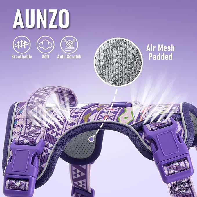 Small Dog No Pull Dog Harness, Pet Harness with ID Card Reflective Strip Soft Padded Handle, Adjustable Vest Harness for Walking Hiking Training, Geometric Pattern, Beagle, Purple Ethnic, S