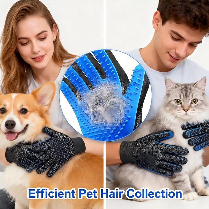 Blrmba Cat & Dog Grooming Gloves – 1 Pair Deshedding Tool with Pet Massage Bath Brush, Gentle Hair Remover & Massage Mittens, Suitable for All Fur Types (Blue)