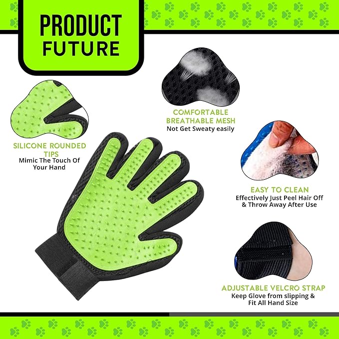 Pet Grooming Gloves – 1 Pair – Deshedding & Bath Massage Mitts for Dogs & Cats – Choose from 5 Colors – Adjustable, Reusable & Easy to Clean (Lime Green)