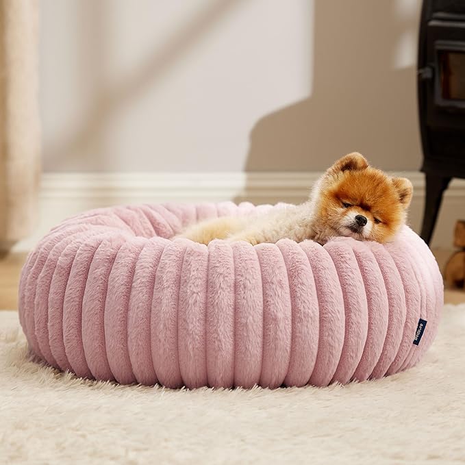 Bedsure ComfyFleece Donut Small Dog Bed - Dog Beds for Small Dogs with Corduroy Fleece & Anti Slip Bottom, Round Faux Fur Pet Beds with Washable Removable Cover, Blush Pink, 23x23x7 inches